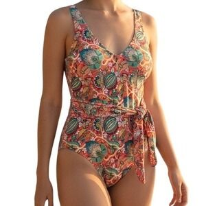 Basta Surf One Piece‎ Swimsuit Womens 12 Red Orange Paisley Plunge Tie Boho NEW